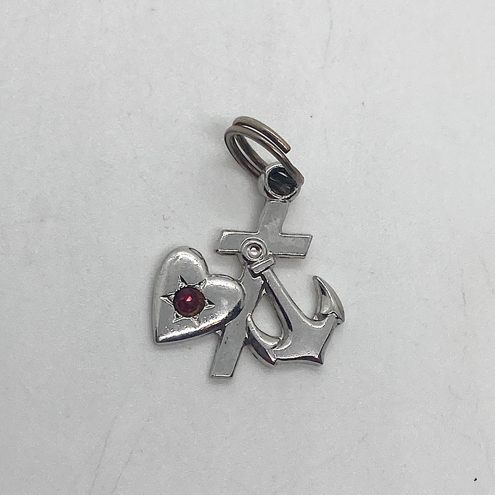 Vtg Sterling Silver Faith Hope Charity Cross Red Crystal Heart Anchor Charm .6”